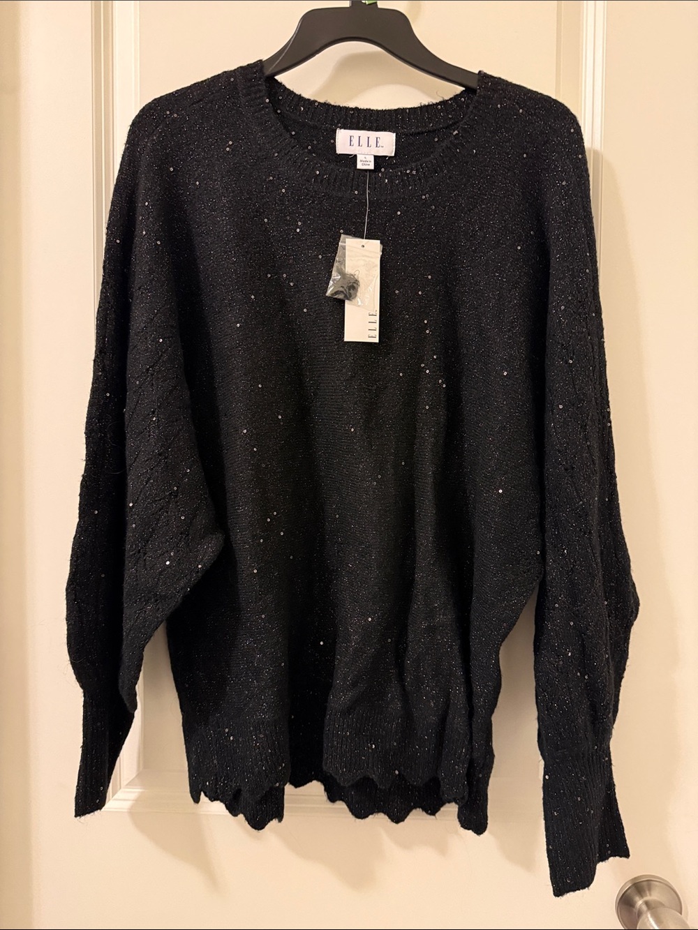 ELLE Black Sequin Speckled Crewneck Sweater